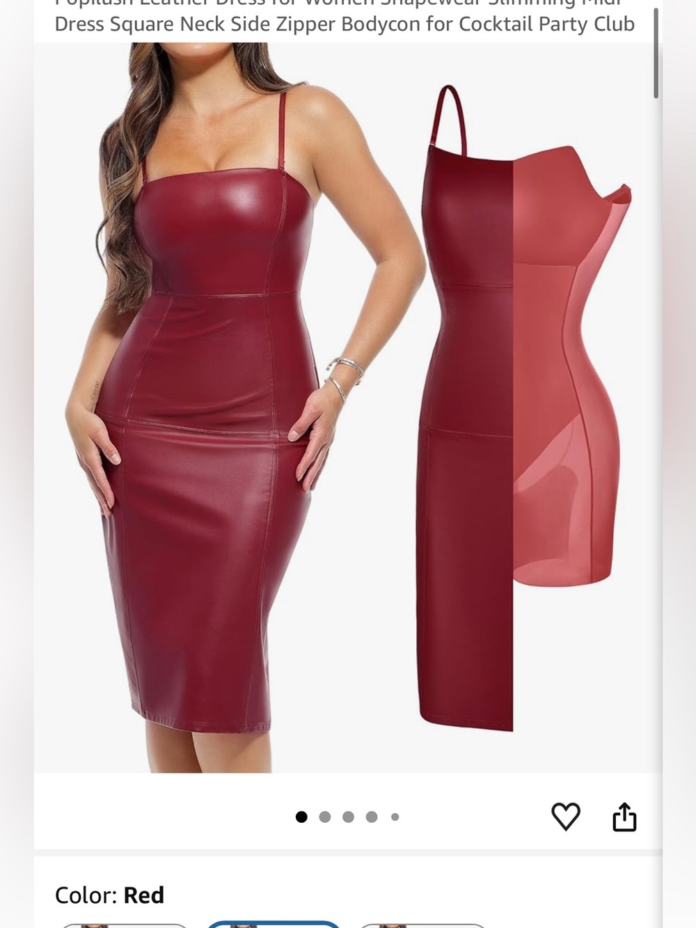 Popilush Leather Dress  Slimming Midi Dress Square  Neck Side Zipper
